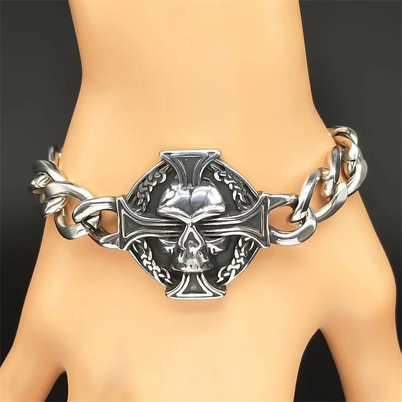 펑크 힙합 스테인리스 스틸 해골 고스트 헤드 뱅글 남성용 블랙 빈티지 남성 쿠바 체인 팔찌 쥬얼리 할로윈 선물