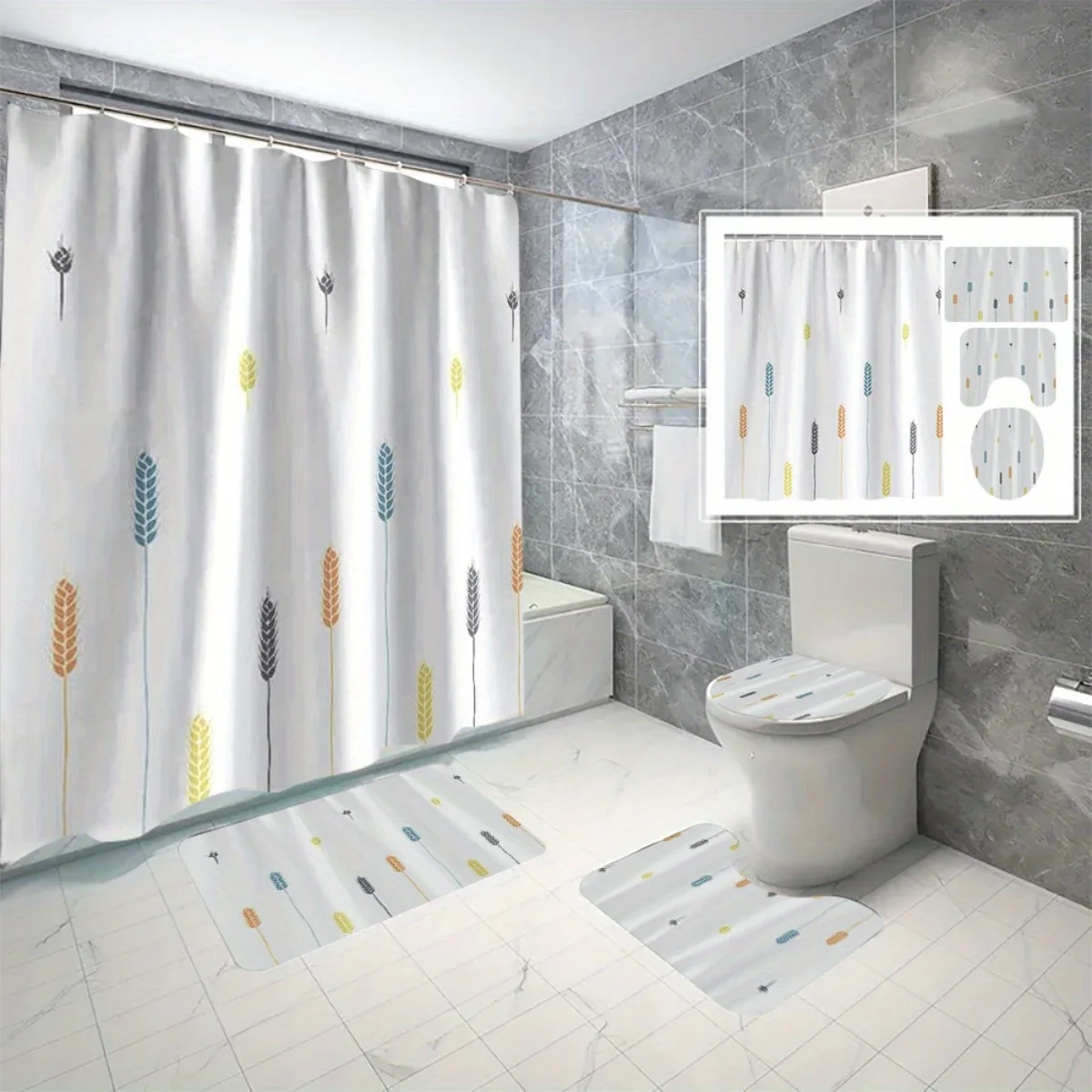 

4 шт. Набор для ванной комнаты с пшеничными ушками — занавеска для душа, сиденье для унитаза, коврик | Красочный декор ванной комнаты в стиле фермерского дома