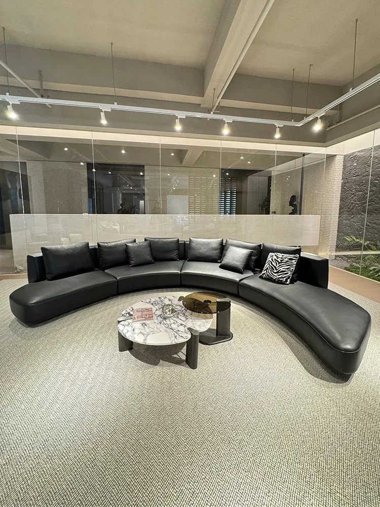 Black Leather Curved Modular Sofa Semi Circular Chaise Low Profile Pillow Backrest Modern Luxury For Living Room Villa