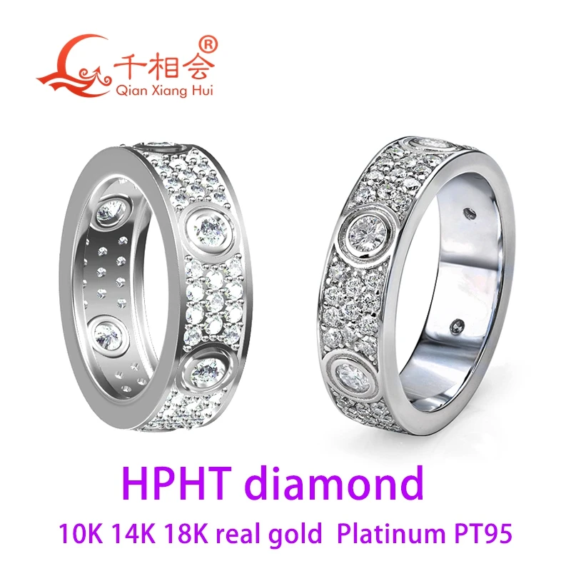 10k 14k 18k white gold Platinum PT950 D  HPHT diamond  solid / hollow Classic Love Three Rows Luxury Eternity Wedding Ring men