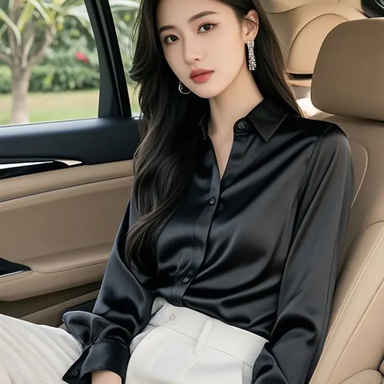 

Ele шелковая атласная спецодежда irt, женская весенне-осенняя новинка, простой очаровательный топ для поездок на работу, корейский свободный крой