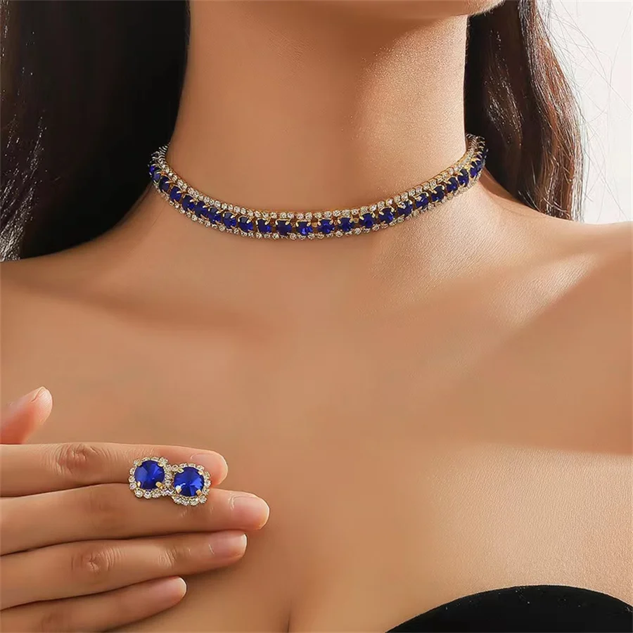 FYUAN Luxury Necklace Earrings Sets Green Blue Silver Color Crystal Necklace Women Weddings Bride Jewelry Accessories