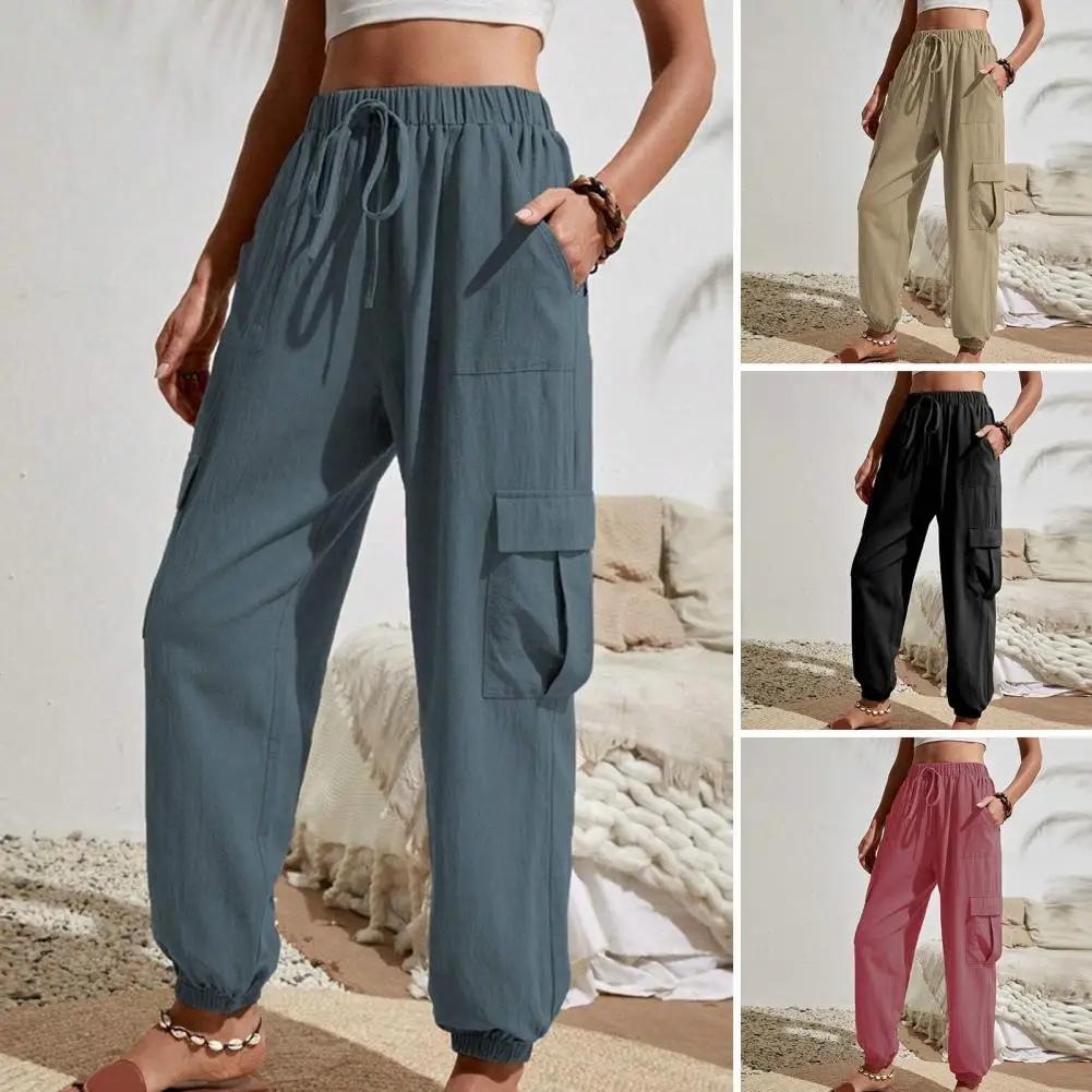 

Solid Color Women Trousers Retro Solid Color Women's Trousers with Multi Pockets High Elastic Waist for Casual Comfort