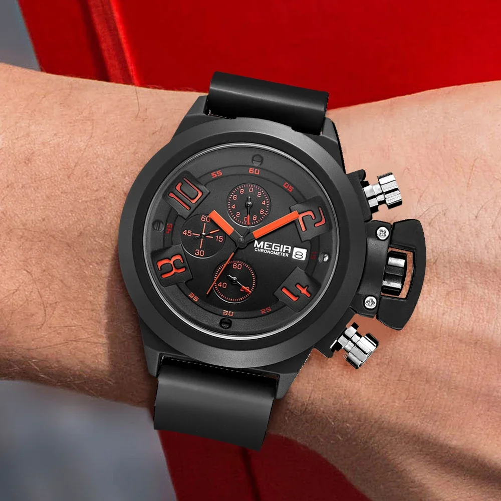 MEGIR 2002 Men Watches Luxury Sport Military Chronograph Waterproof Date Fashion Quartz Wristwatch Big Dial Relogio Masculino