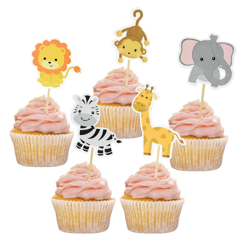 Topper de pastel de animales de dibujos animados para fiesta del bosque, Impresión de cumpleaños, taza de baño para bebé, inserto de pastel de