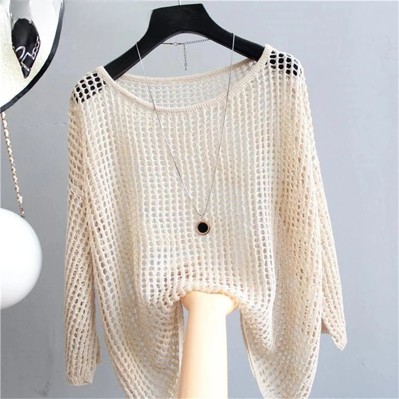 

New Plus Size Knitted Pullover Summer Hollowed Out Tops Ice Silk Knitwear Sweaters Women Sunscreen T-shirt Fashion Tees F210