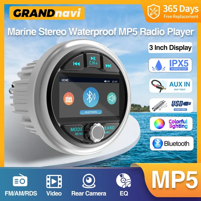 GRANDnavi Marine Stereo Wodoodporny odtwarzacz radiowy IPX5 Boat MP5 Bluetooth FM AM RDS Audio do jachtów ATV UTV Wózek motocyklowy