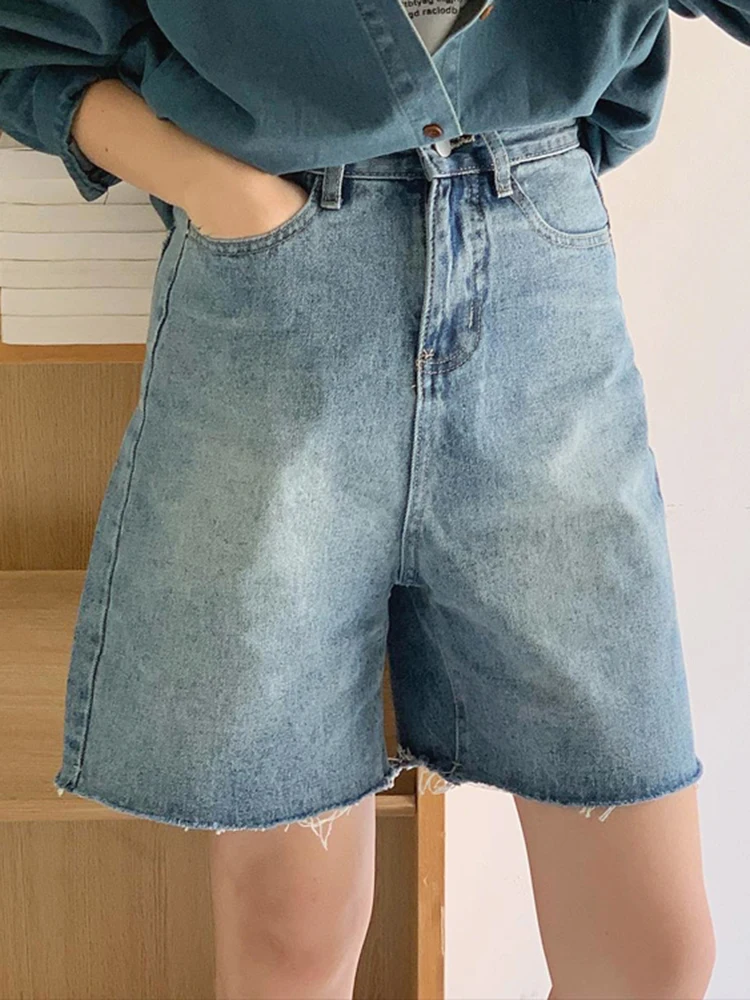 

Five Point Shorts Women High Waist Fashion Beach Wide Leg Denim Shorts 2023 New Simple Zipper Pocket Jeans Ripped Shorts Girls