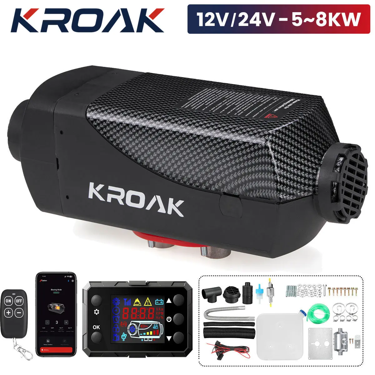 KROAK 5-8KW Parking Heater Fans Diesel 12V Car Heater Split Air Heater with LCD Panel &Remote Control & Smart App Control