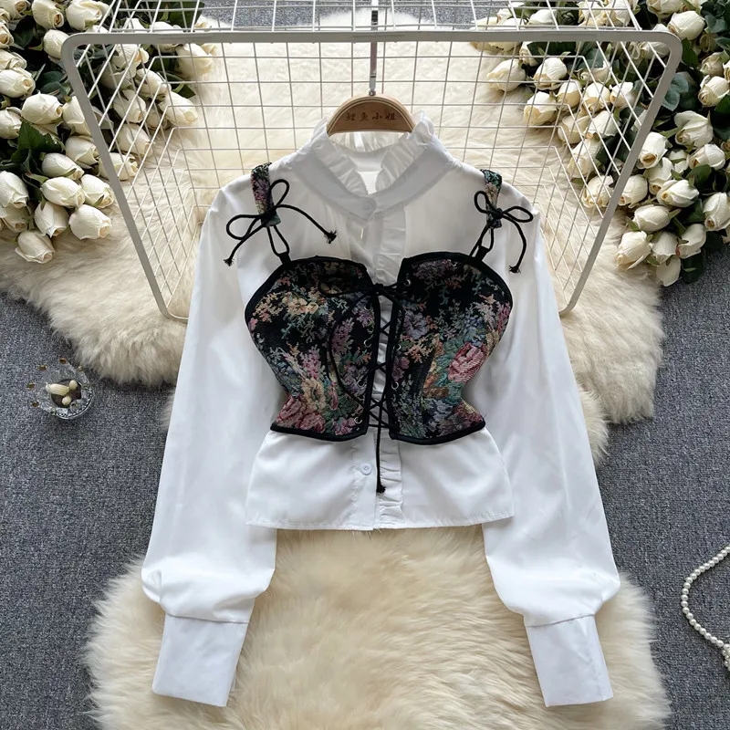 Suit Autumn Jacquard bandage vest short Top Versatile White Long sleeve Shirt blouses