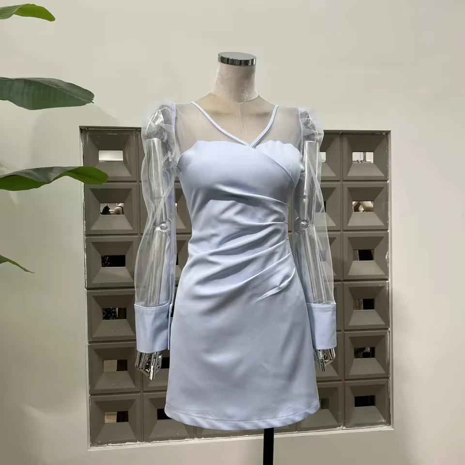 

French Elegant Temperament Socialite V-Neck Spliced Long Sleeve High Waist Pleated Slim Simple Short Dress Women Summer
