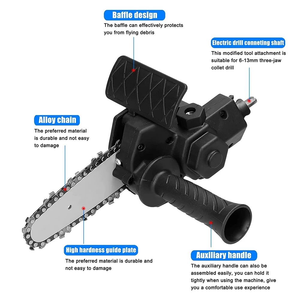 Преобразователь для электродрели в электрическую пилу с 4-дюймовой цепью, мини ручная цепная пила, конверсионный кронштейн, черный
