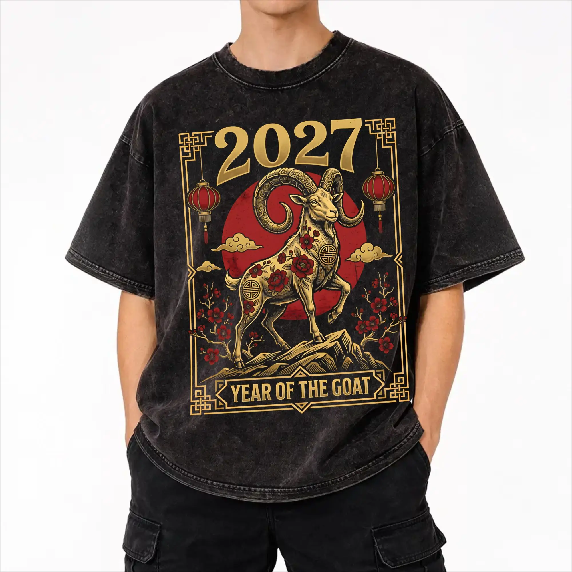 Chinese New Year 2027 years of sheep goat Washed T Shirt Streetwear Hip Hop Vintage T-Shirts  Tee Shirt for Men Women