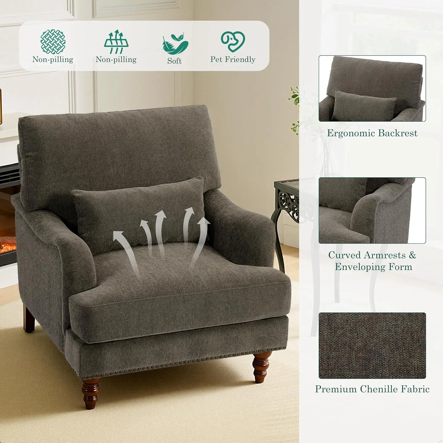 Set of 2 Retro Chenille Upholstered Armchair Comfy Single Sofa   Chair for Living Room Bedroom Guest Room