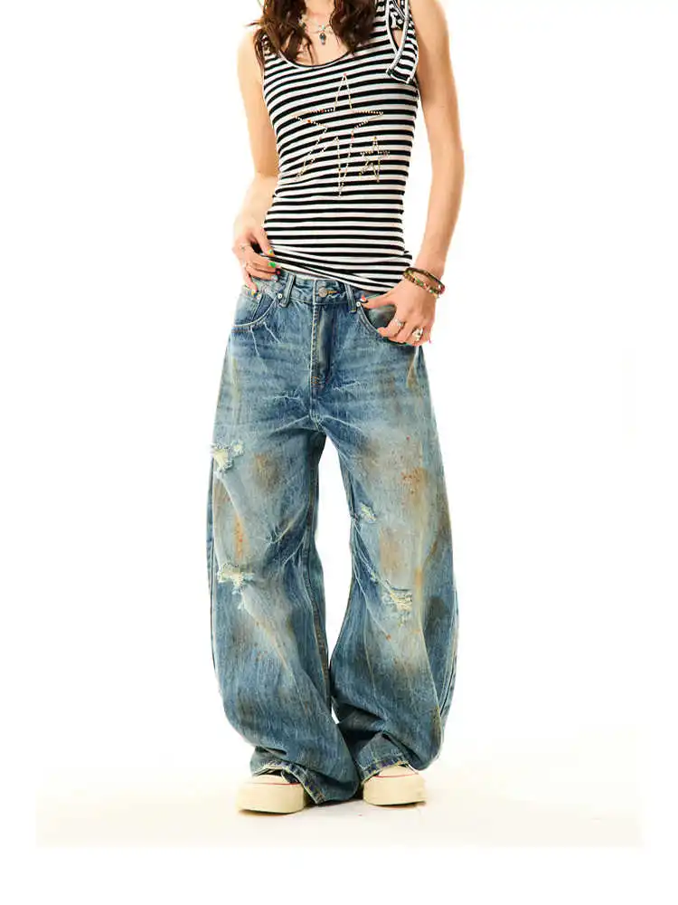 

Blue Womens Jeans High Waist Vintage Design Hip Hop Straight Baggy Denim Pants Street Y2K American Style Wide Leg Denim Trouser