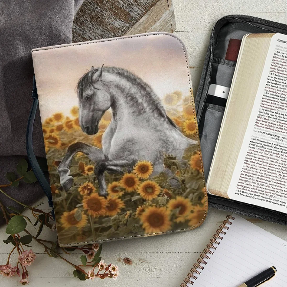 

Women's Leather Bible Cover Case Fashion Running Horse Pattern Print Handbag Portable Christianity Study Book Holy Storage Boxes