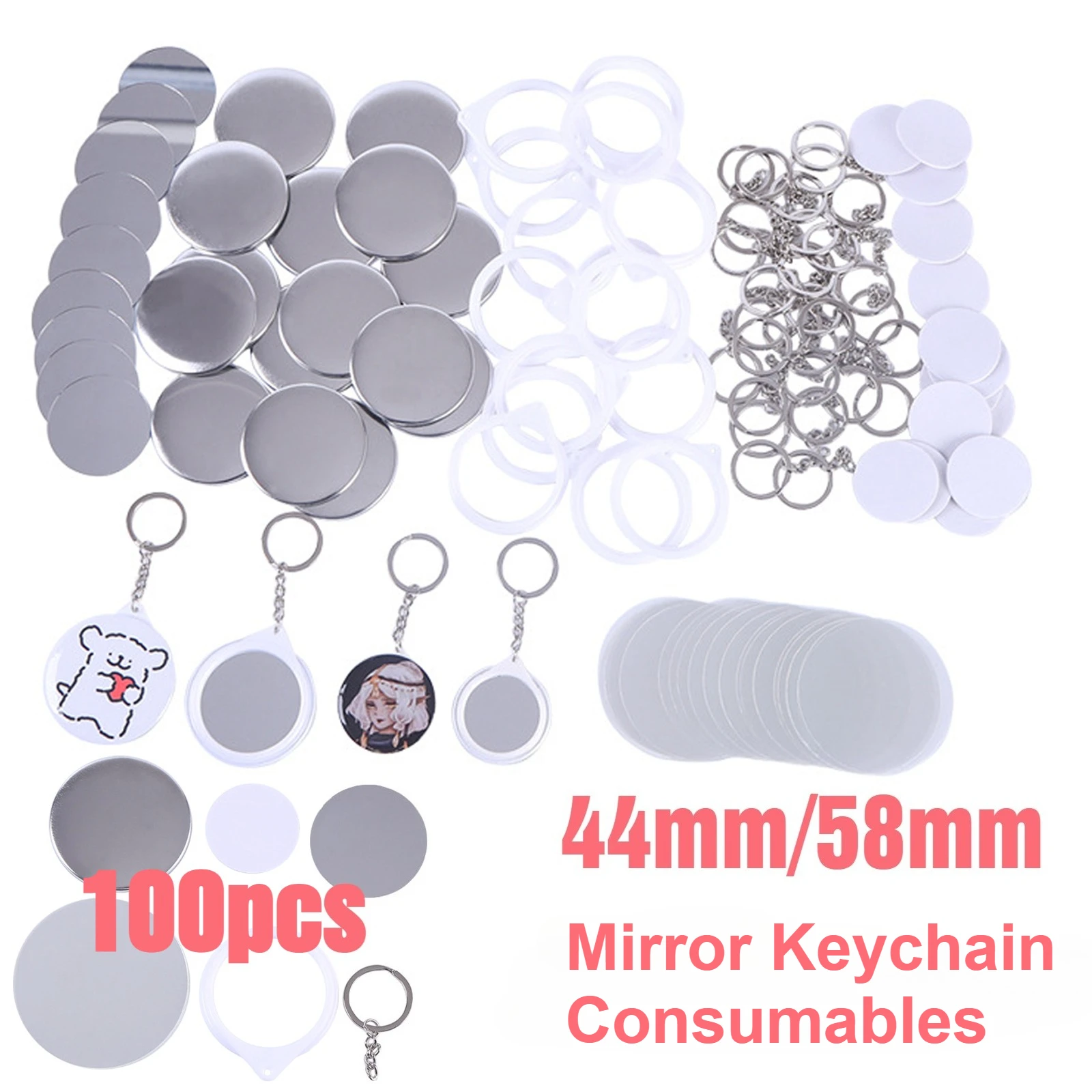 

44/58mm Mirror Keychains Supplies Button Badge Sets 100PCS Including Metal Shell Plastic Film for Press Making Machine Crafts