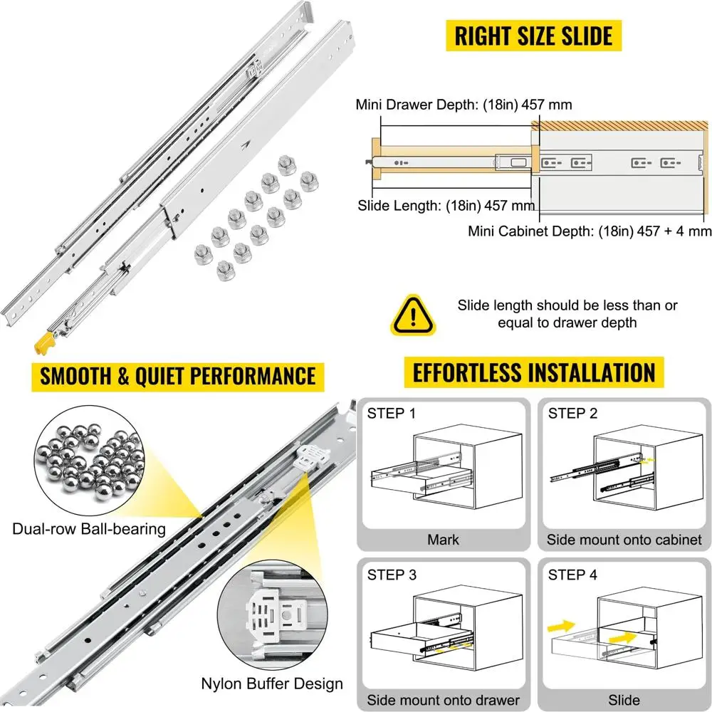 

18 Inch Pair Locking Drawer Slides 500lbs Capacity, Side Mount Ball Bearing, 3-Fold Full Extension Heavy Duty Storage Solutions