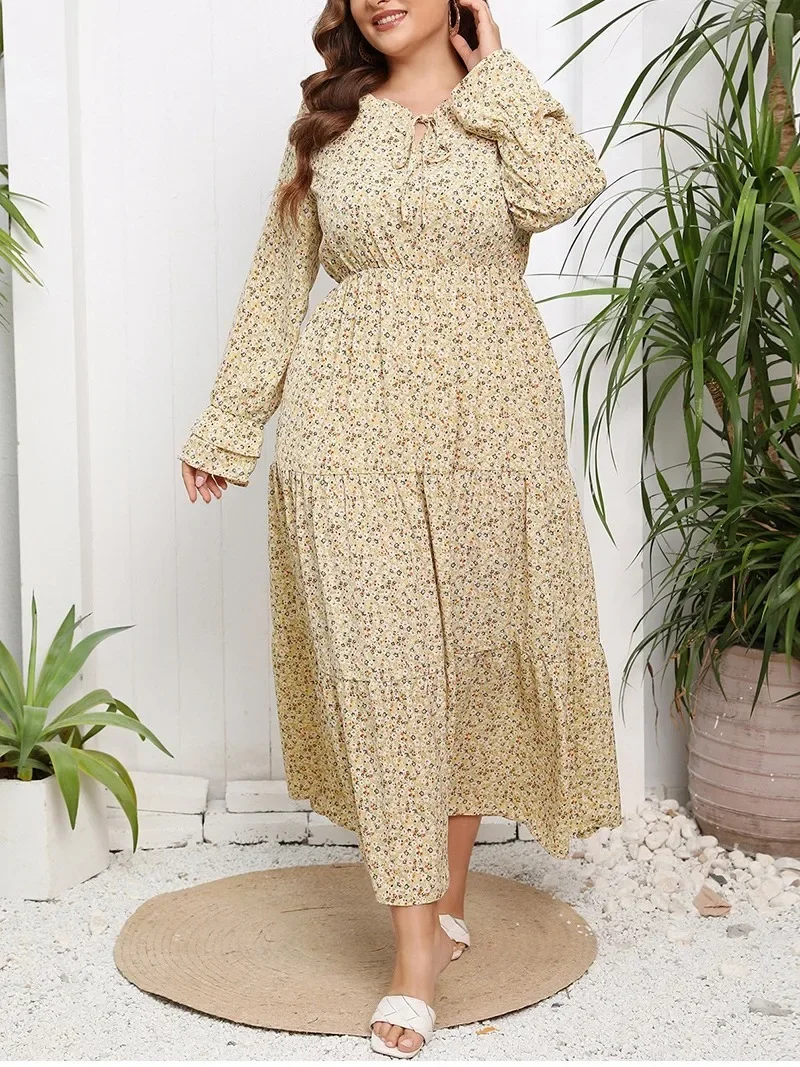 Women\'s Fashionable Chiffon Floral Super Fairy Casual Elegant Dress with Round Neck Petal Sleeves Fresh and Sweet Long Skirt