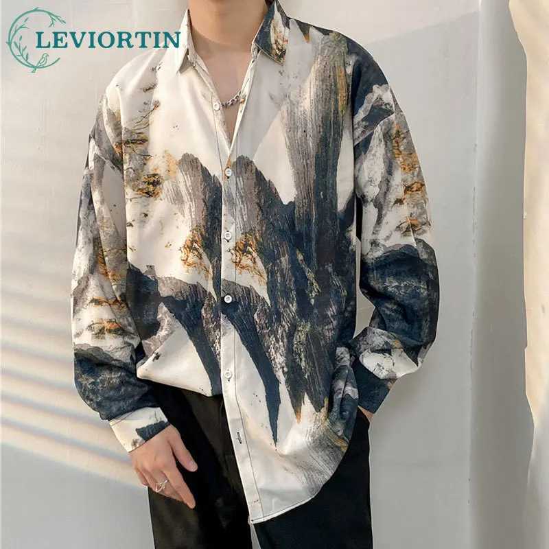 Vintage Summer Tie-dyed Painting Shirt Men Hip Hop Loose Long Sleeve Shirt Male Fashion Hawaii Button Long Sleeve Blouse Tops