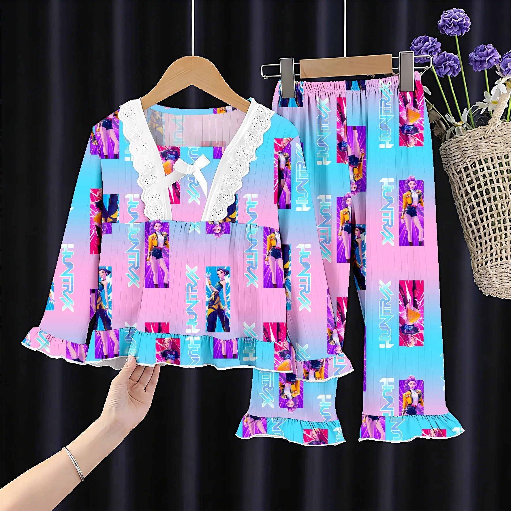 

2026 Kuromi Girls Pajama Set, Square Neck Long Sleeve Loungewear, Spring Autumn Cartoon Sleepwear for Big Kids