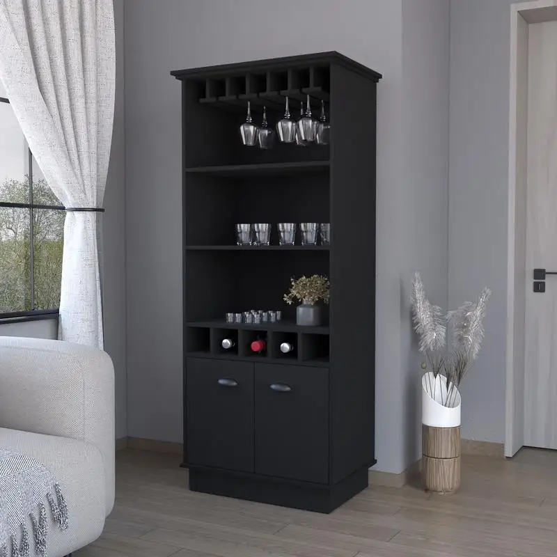 

Sophia Bar Cabinet with Glassware Rack and 5 Bottle Racks, Black Finish, Modern Design for Home and Kitchen Storage