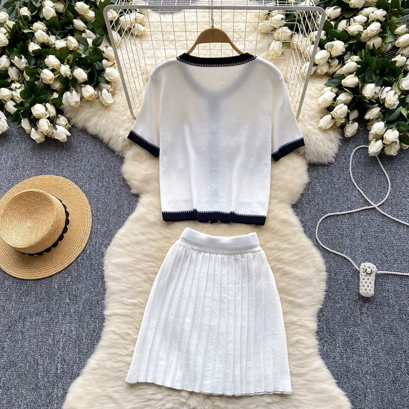 French Retro Chic Style Round Neck Metal Buckle Short Sleeved Knitted Top and High Waisted Pleated Skirt Summer Set