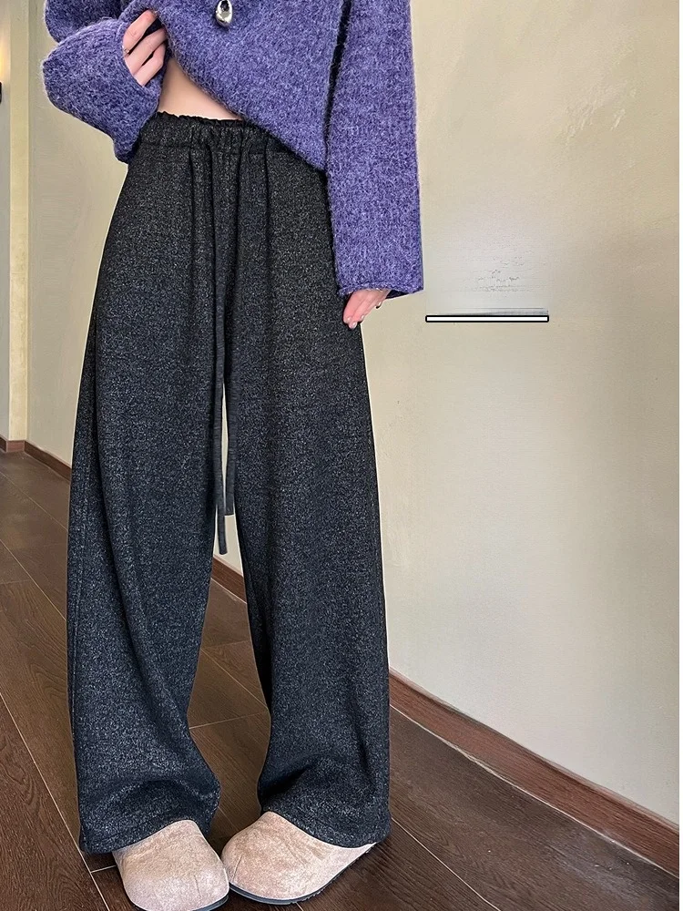 Damskie zimowe ocieplane spodnie z szerokimi nogawkami, codzienne spodnie o prostym kroju, z wysokim stanem, elastycznym pasem, z włókna poliestrowego.