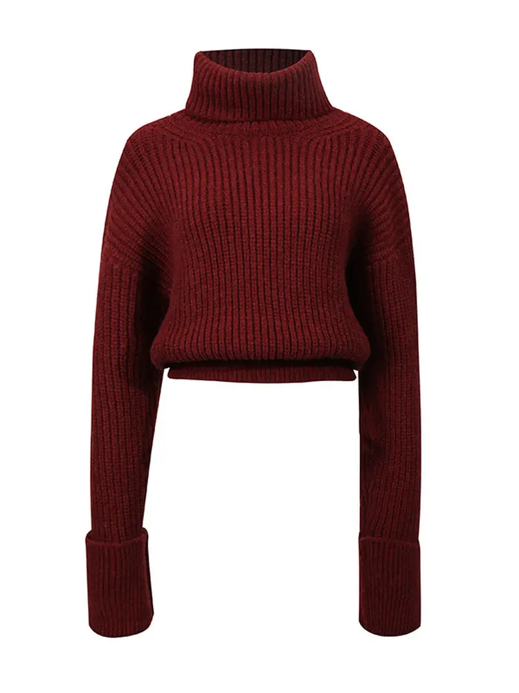 

Fall 2025 Casual Loose Style Short High Collar Bell Sleeve Slim Fit Color Simple Design Women's Knitted Sweater