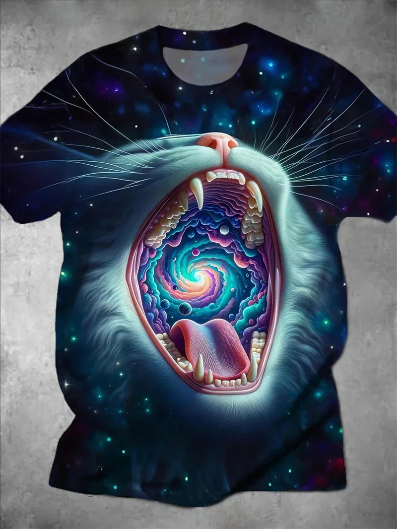 Herren-T-Shirt mit Galaxy Cat Mouth-Aufdruck, Trippy Cosmic, Rundhalsausschnitt, kurze Ärmel, coole Streetwear, lässige, atmungsaktive Oberteile
