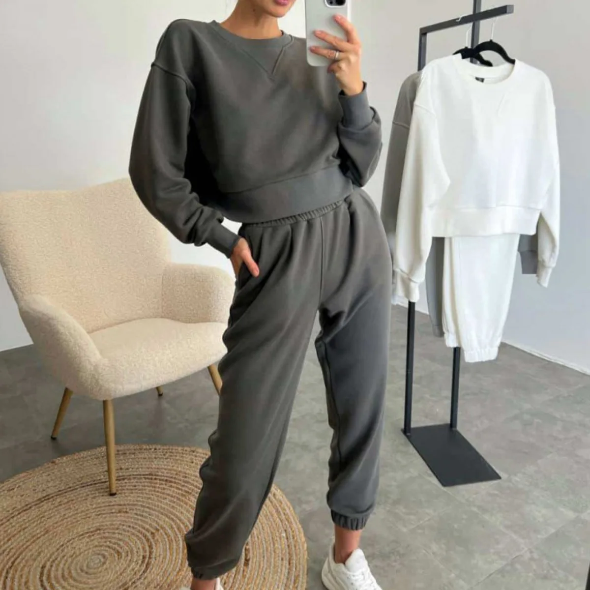 Girocollo Sport Moda Casual Allentato Autunno Felpa Abbigliamento Manica lunga Ombelico Pantaloni con coulisse Palestra Fitness Streetwear