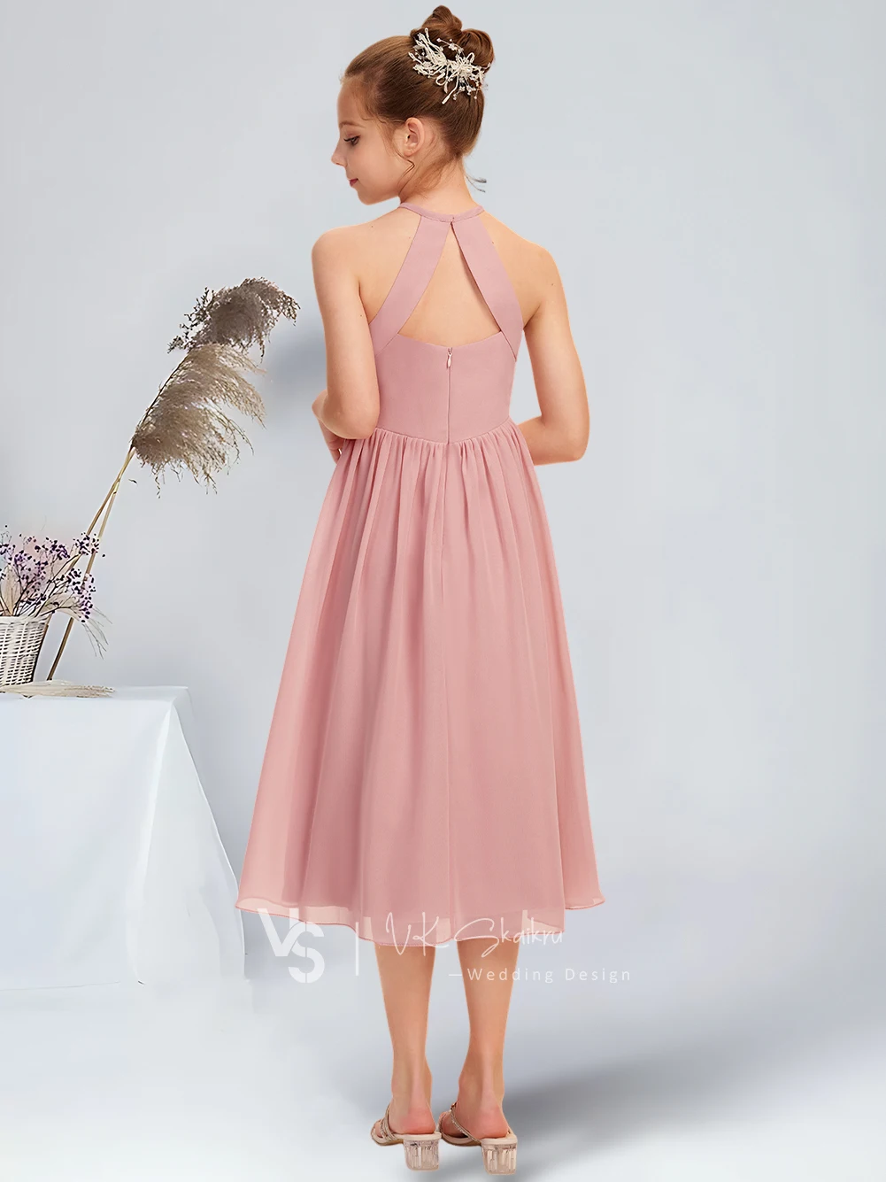 Vestido de dama de honra na altura do joelho, A-Line Halter, Chiffon Junior, Blush Flower Girl Dress para casamento, Vestidos adolescentes para ocasiões especiais