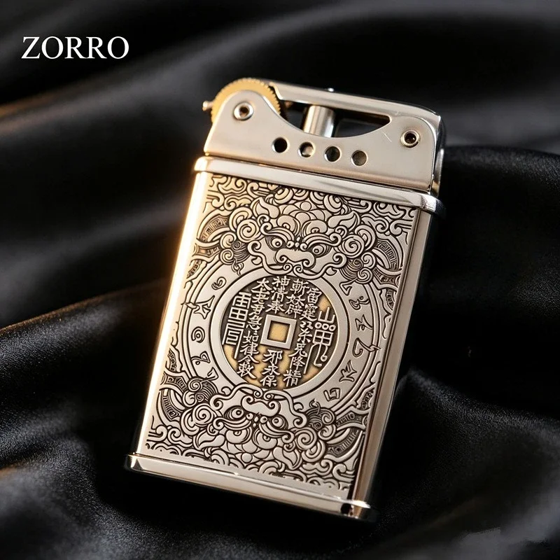2027 ZORRO's New Ultra-thin Kerosine Lighter,  National Trendy Brass Carved Pattern, Creative Light Luxury Men's Gift