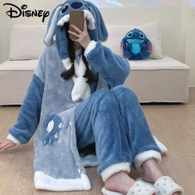 Disney Stitch Cute Cartoon Soft Fluffy Home Wear Female Autumn Winter New Dormitory Pajamas Y2k Sweet Girl Casual Nightrobe Set