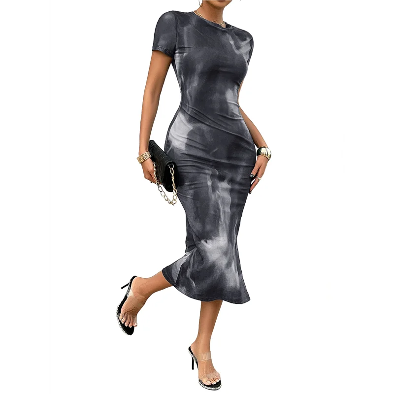 NEU – Damen-Kleid mit Batikmuster, Rundhalsausschnitt, figurbetont, kurzen Ärmeln und langen Kleidern