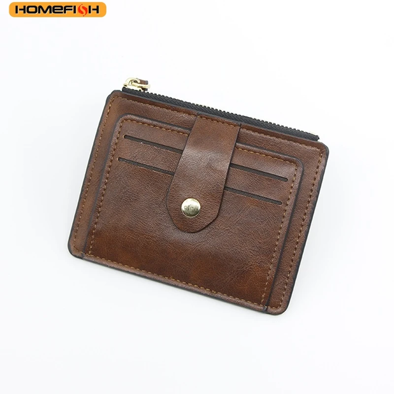 Carteira de couro castanha da marca HOMEFISH, design moderno, para homens, carteira fina para uso profissional, porta-cartões para documentos de identificação e cartões de crédito, com compartimento para moedas.