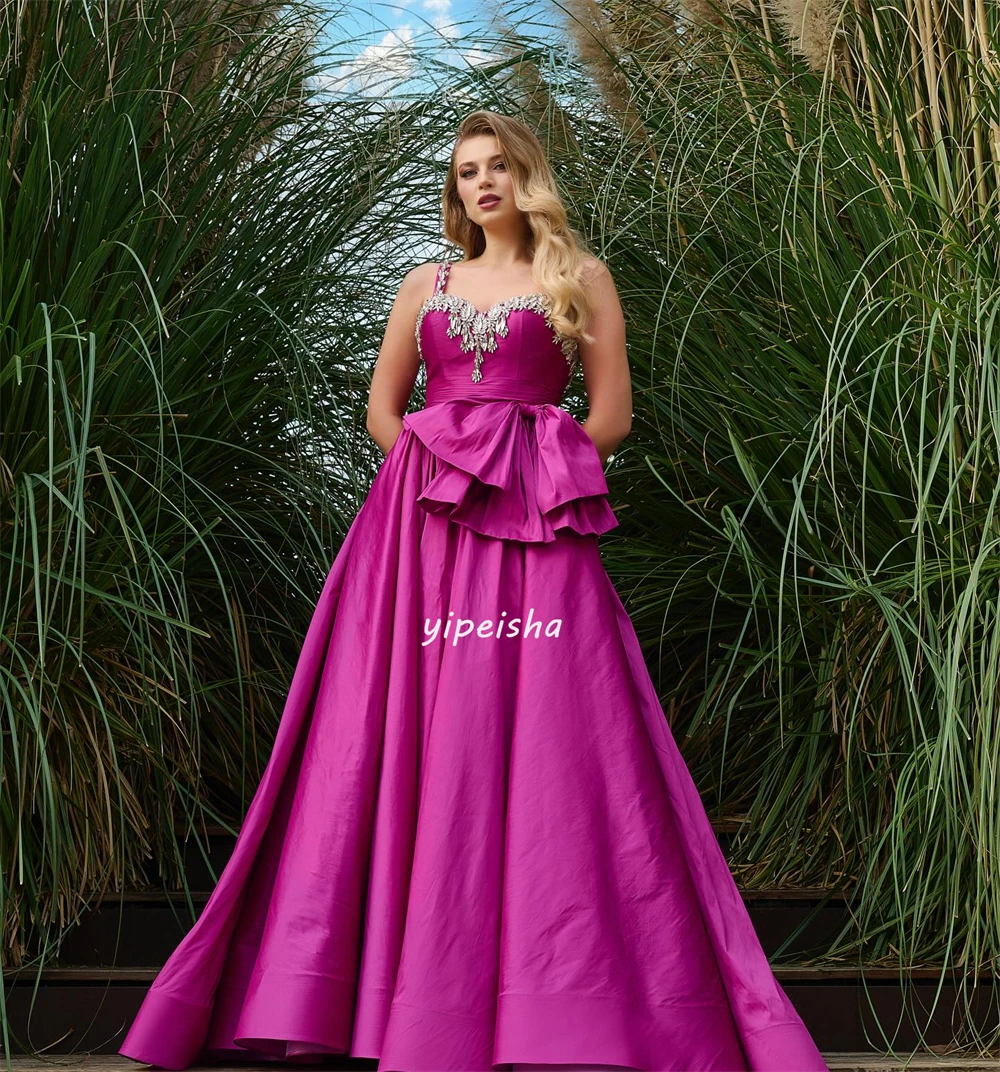 Personalizado Pastrol satén plisado lentejuelas A-line Sweetheart Spaghetti Strap vestidos largos vestidos de quinceañera alta calidad elegante