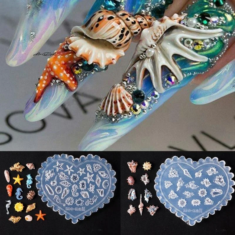 3D Silicone Nail Mold Sea Shell Starfish Fishtail Jellyfish Conch Transparent Nail Art Carving Template DIY Accessories