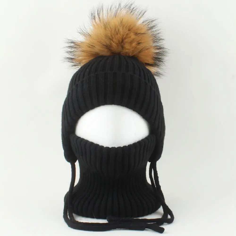 Winter Set Kids Knitted Cap Scarf Real Fur Ball Decorated Warm Fleece Lined Ear Protection Thick Stretchy Beanie For DANCHAOFAN