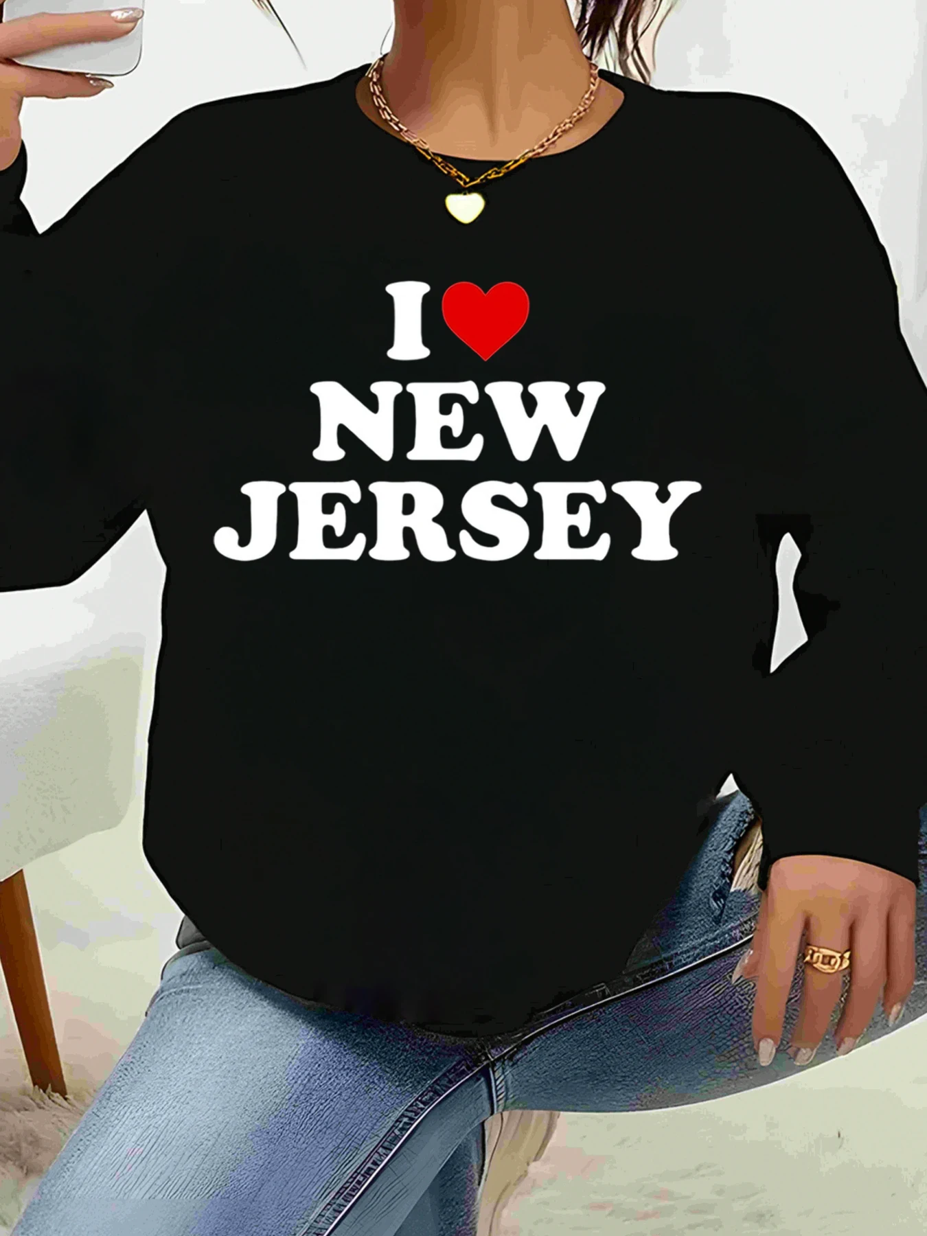 تي شيرت I Love New Jersey Print بأكمام طويلة، ملابس كاجوال للنساء، ملابس يومية