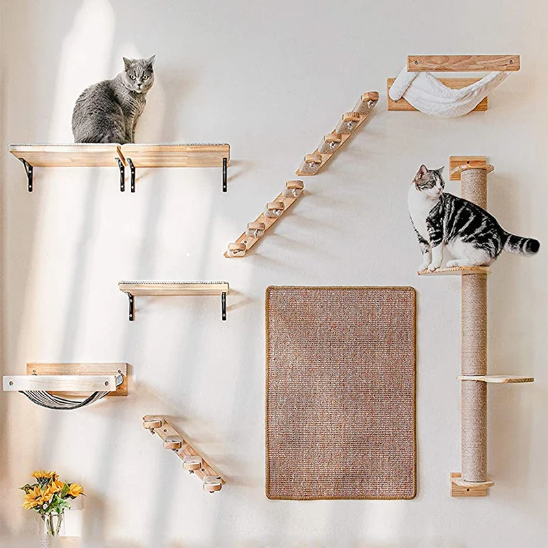 1Pc Wall Mounted Cat Furniture Wooden Cat Shelves Perches For Wall Cat Steps Ladder Bed Activity Tree Climbing Structure Modern