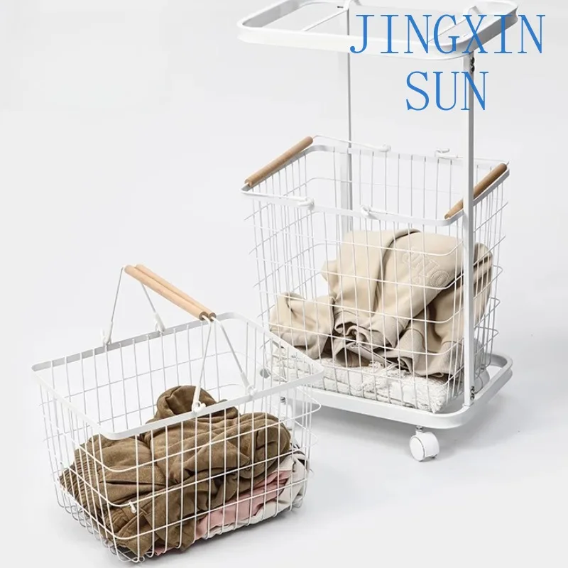 Removable Dirty Laundry Basket Metal Laundry  with Wheels Double Layer Large Capacity Storage  Bathroom Accessories