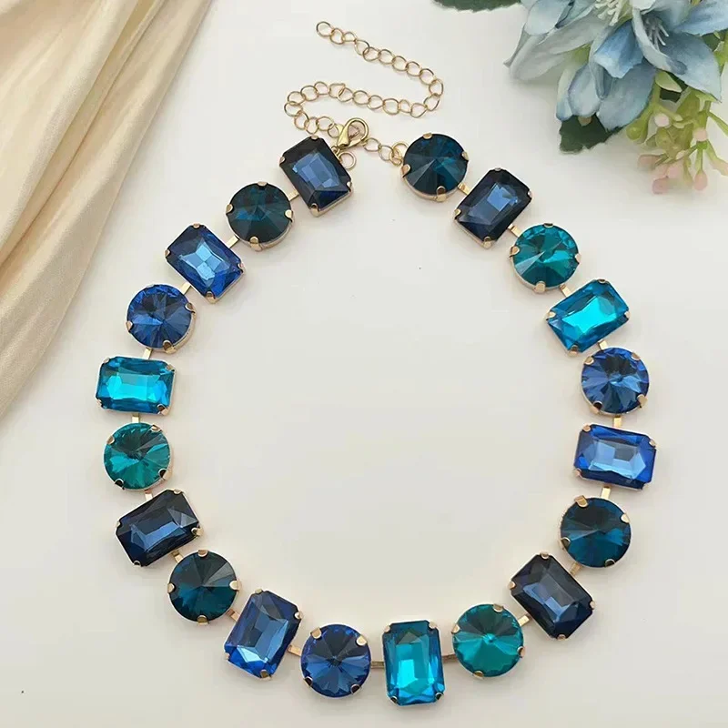 Three Layers Chain Shiny Glass Crystals Elliptic Cut Luxury Multi Short Necklace for Women Simple Wedding Party Short Choker INS