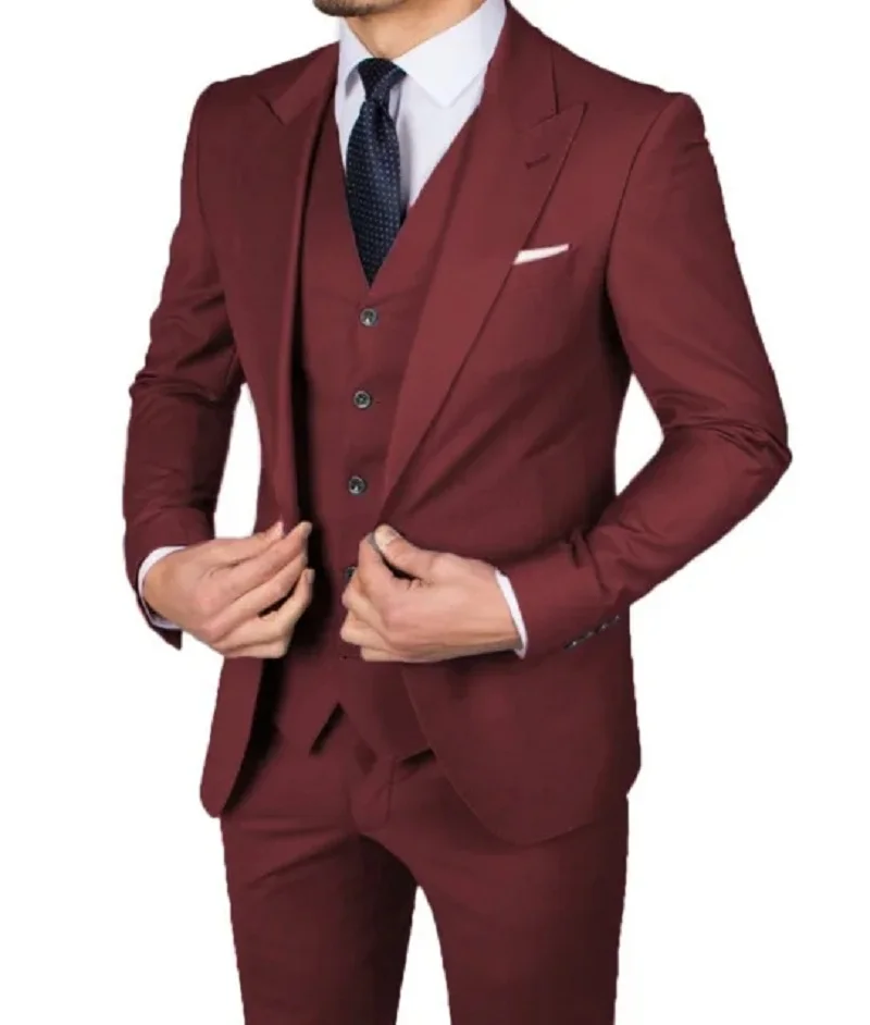 

Burgundy Men Suits 3 Pcs Groom Wear Wedding Suits Formal Tuxedo Party Best Man Blazer Costume Homme Slim Fit Terno