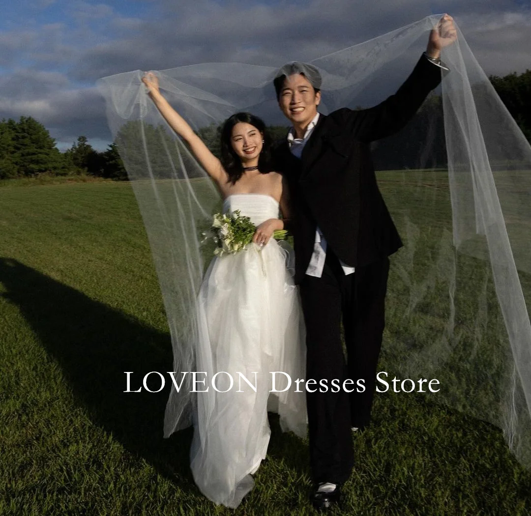 LOVEON Strapless Elegant Wedding Dresses Corset 프롬드레스 A-Line Tulle Simple Korea Sleeveless  Bride Gowns Party Women Bride