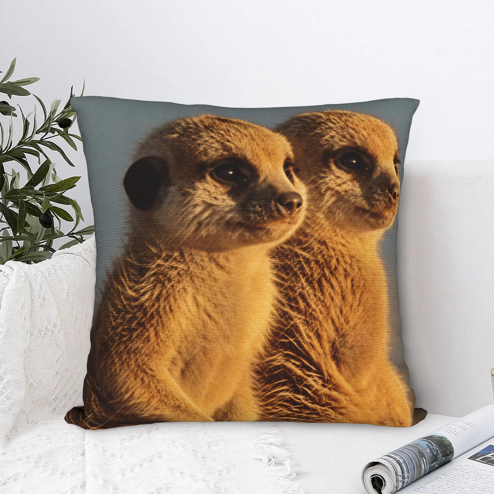 Two Baby Meerkats Sitting Together Sunset Photo Pillow Case  Comfy Pillow Cover For Sofa Home Decor Retro Trendy Pillowcases