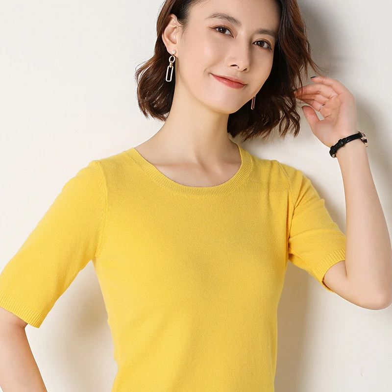 Spring summer new Short sleeve Cashmere sweater women\'s  loose O-Neck  knit bottoming shirt female pullover tops