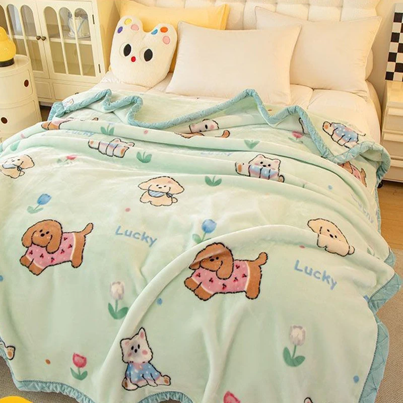 Winter Mink Blankets For Beds Soft Warm Double Layer 150*200Cm Cartoon Floral Pattern Faux Fur Thick Plaid Blankets