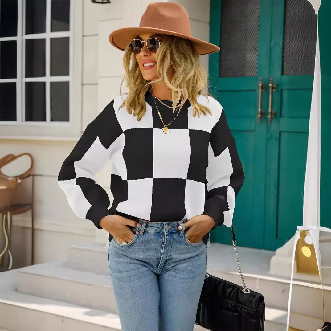 

Loose Round Neck Plaid Patchwork Pullover Knit Sweater, Women's Autumn and Winter New Fashion Spell Color Long-sleeve Sweater