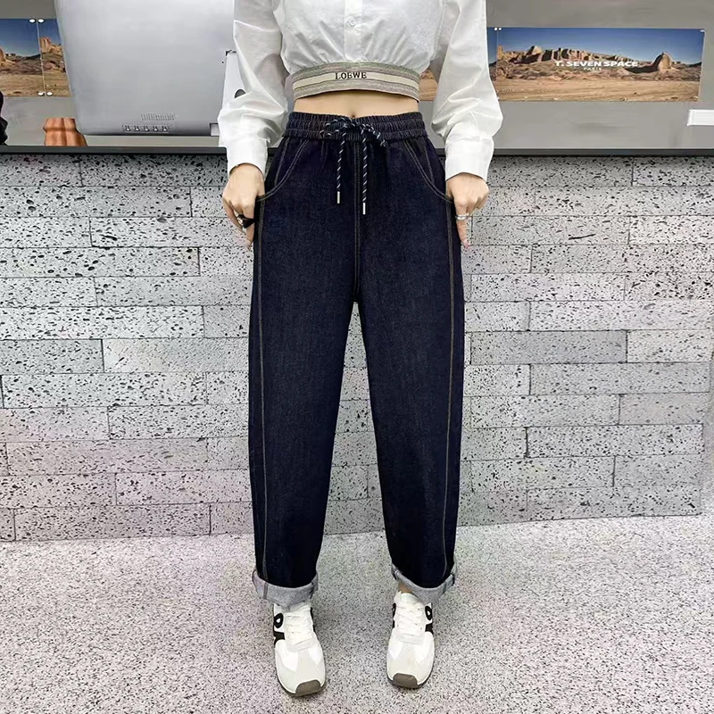 

High Waist Cotton Stretch Denim Pants Women's Loose Fit Versatile Harlan Blue Jeans Retro Sle Spring Autumn Seasonal Wear